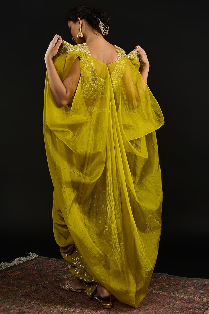 Lime Green Organza Hand Embroidered Cape Set by Reeti Arneja at Pernia's Pop Up Shop
